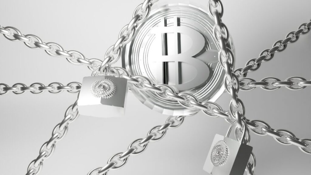 ブロックチェーンのアイコンでもあるビットコインを鎖と鍵で守る図